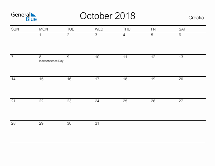 Printable October 2018 Calendar for Croatia