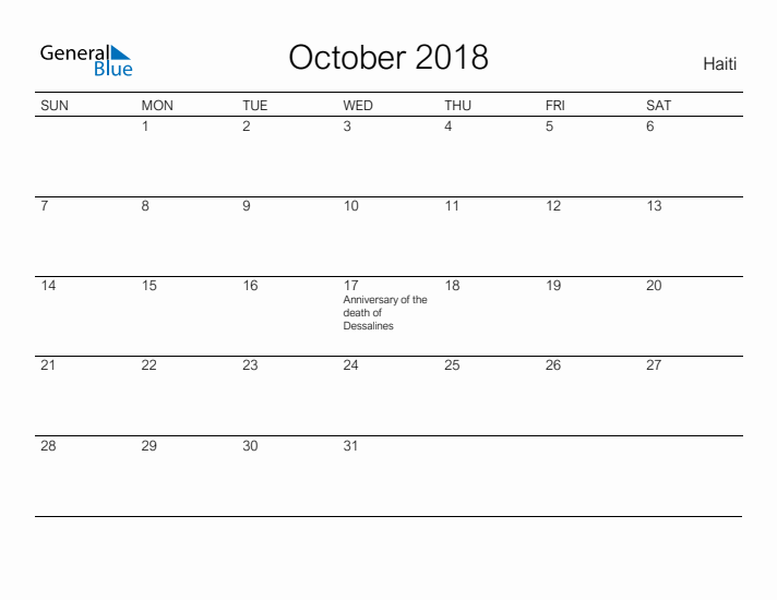 Printable October 2018 Calendar for Haiti