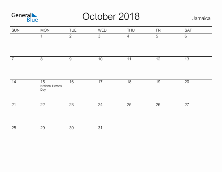 Printable October 2018 Calendar for Jamaica