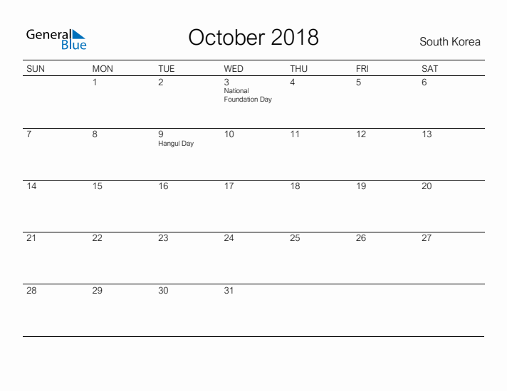 Printable October 2018 Calendar for South Korea