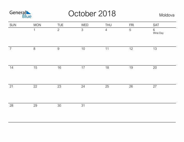 Printable October 2018 Calendar for Moldova