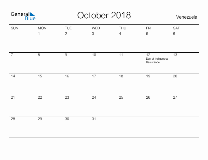 Printable October 2018 Calendar for Venezuela