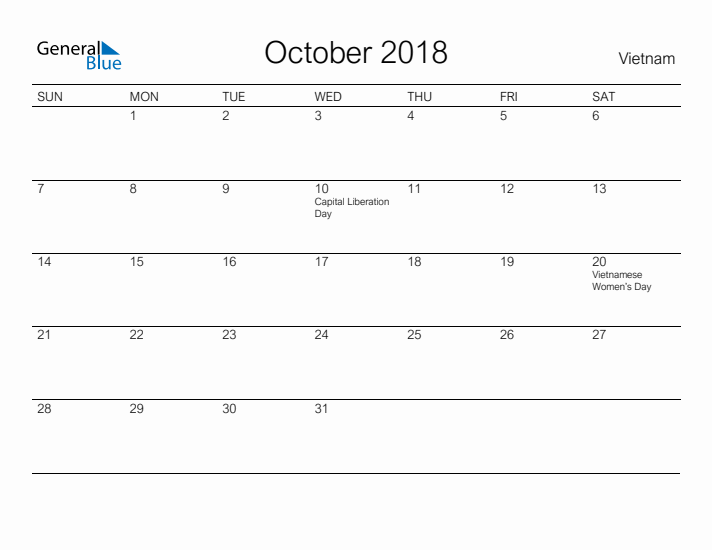 Printable October 2018 Calendar for Vietnam