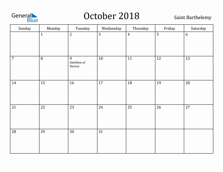 October 2018 Calendar Saint Barthelemy