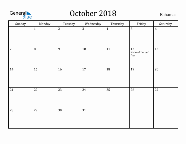 October 2018 Calendar Bahamas