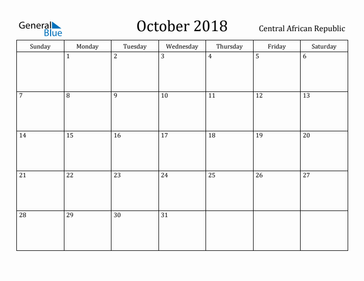 October 2018 Calendar Central African Republic