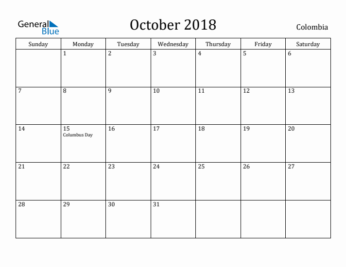 October 2018 Calendar Colombia