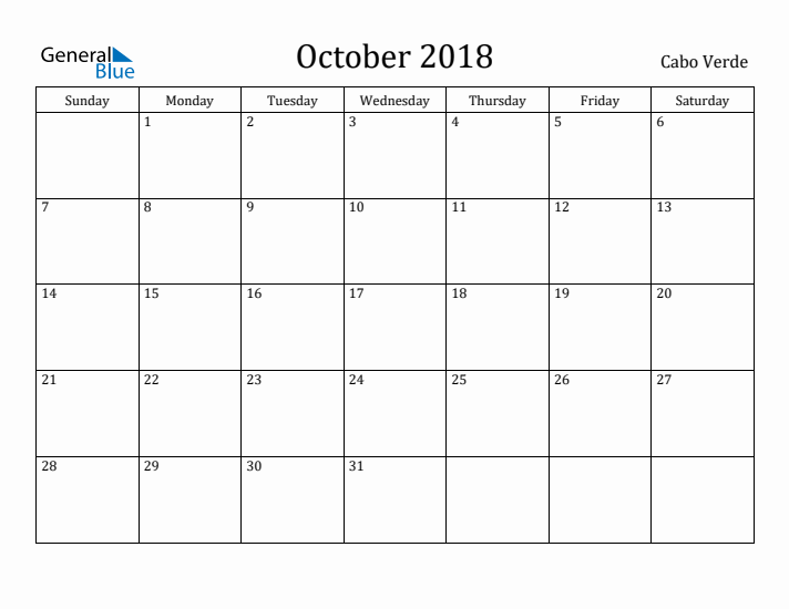 October 2018 Calendar Cabo Verde