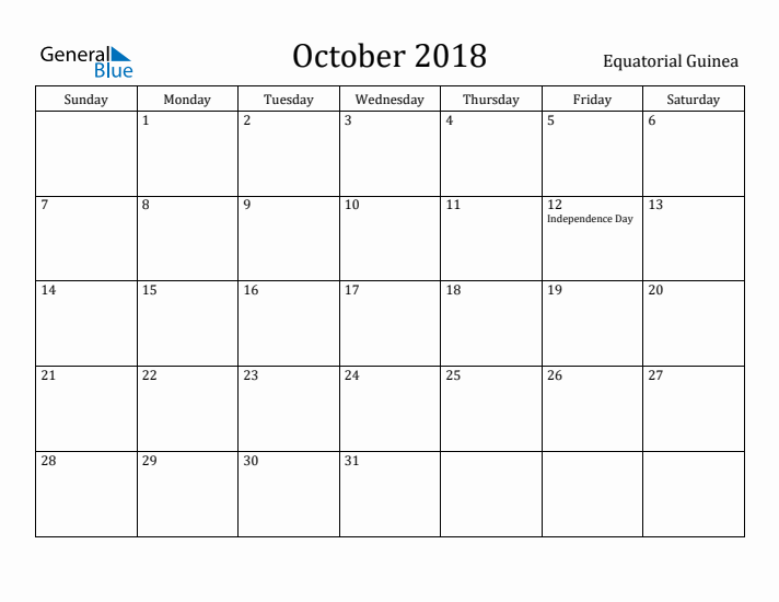 October 2018 Calendar Equatorial Guinea