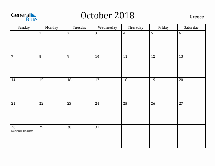 October 2018 Calendar Greece