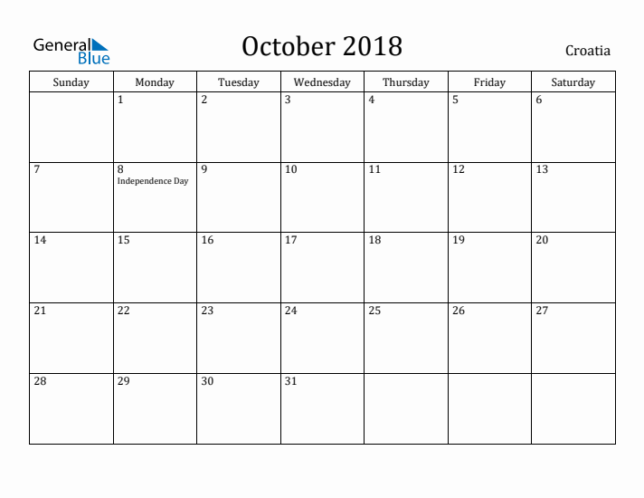 October 2018 Calendar Croatia