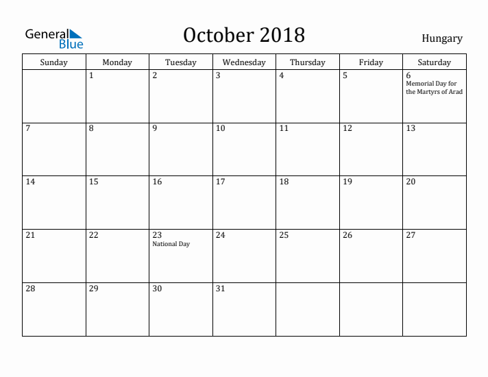 October 2018 Calendar Hungary