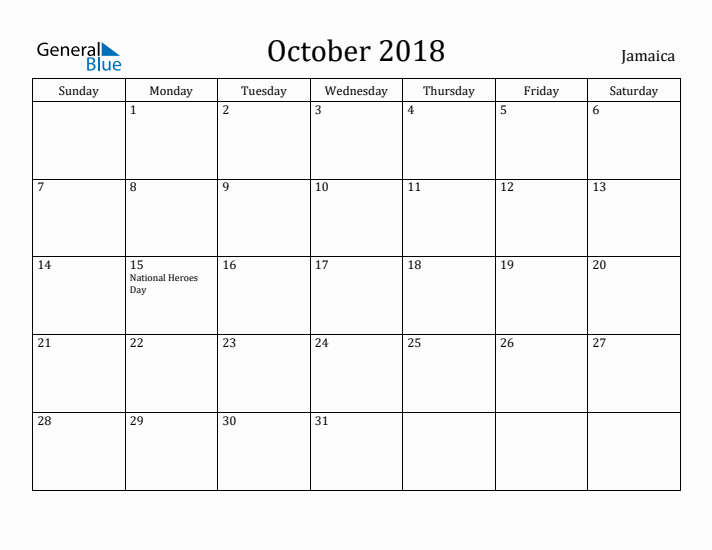 October 2018 Calendar Jamaica