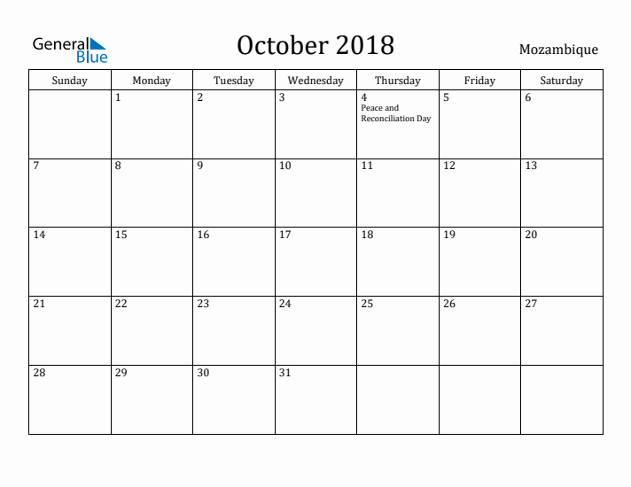 October 2018 Calendar Mozambique