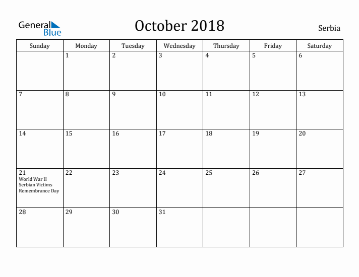 October 2018 Calendar Serbia