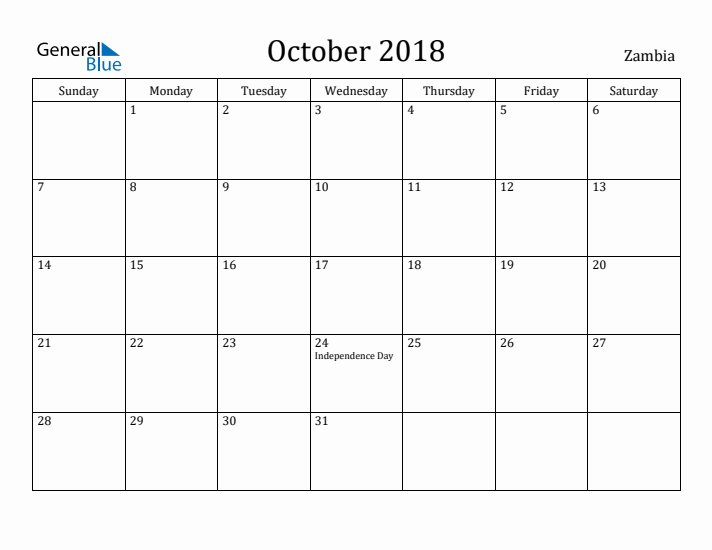 October 2018 Calendar Zambia