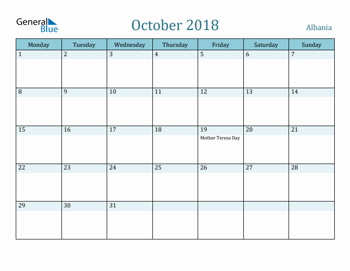 October 2018 Calendar with Holidays