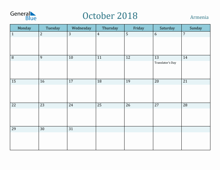 October 2018 Calendar with Holidays