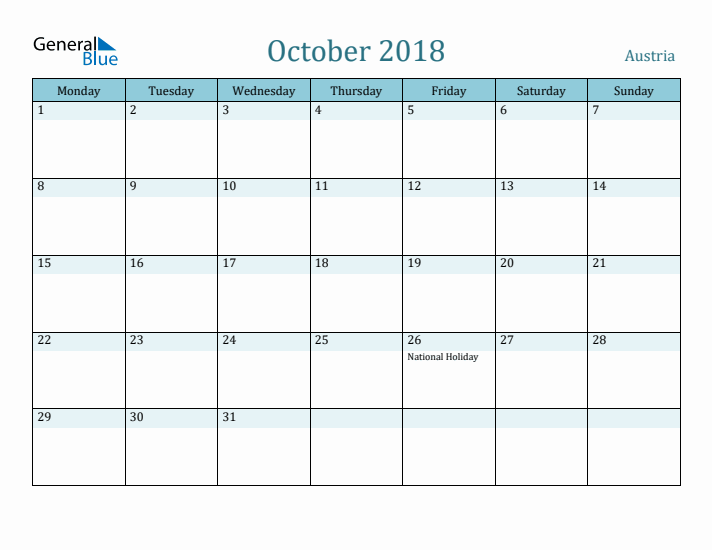 October 2018 Calendar with Holidays