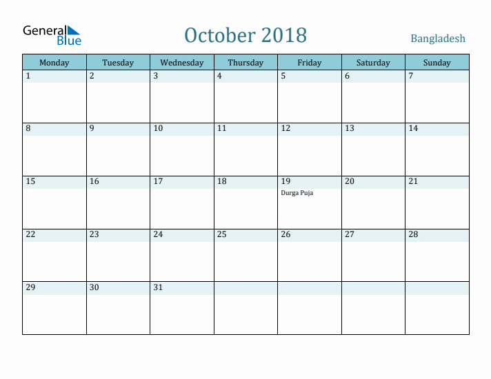 October 2018 Calendar with Holidays