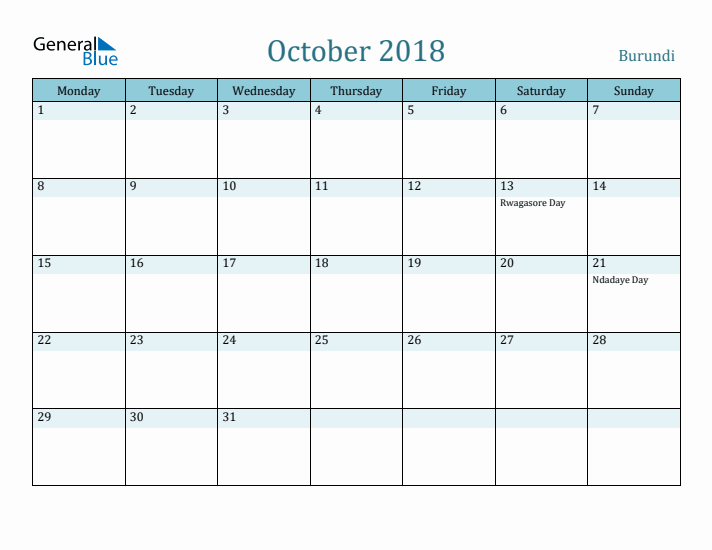 October 2018 Calendar with Holidays