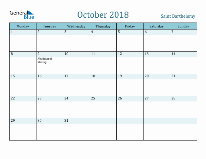 October 2018 Calendar with Holidays