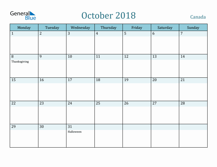 October 2018 Calendar with Holidays