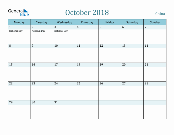 October 2018 Calendar with Holidays