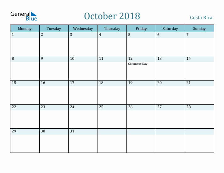 October 2018 Calendar with Holidays