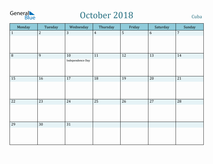 October 2018 Calendar with Holidays