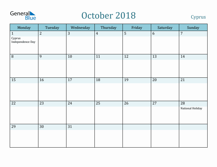 October 2018 Calendar with Holidays