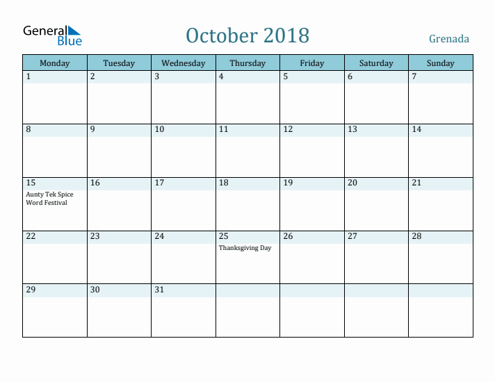 October 2018 Calendar with Holidays