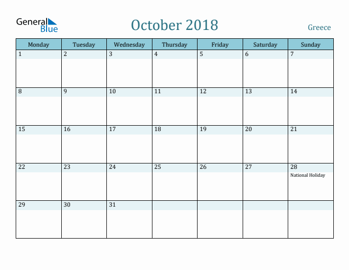 October 2018 Calendar with Holidays