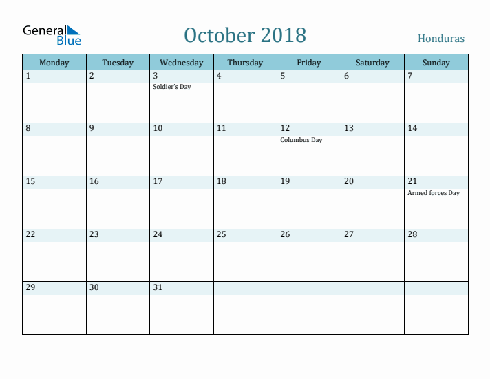 October 2018 Calendar with Holidays