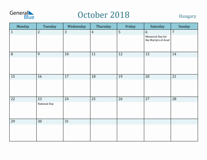 October 2018 Calendar with Holidays