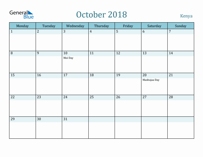 October 2018 Calendar with Holidays