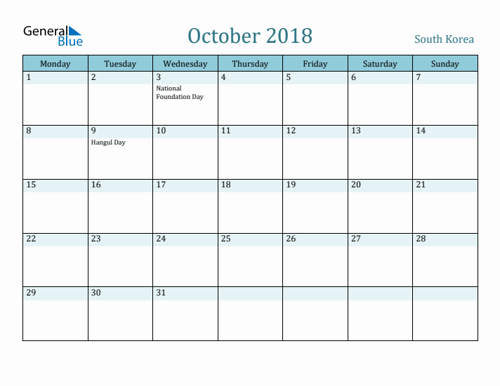 October 2018 Calendar with Holidays