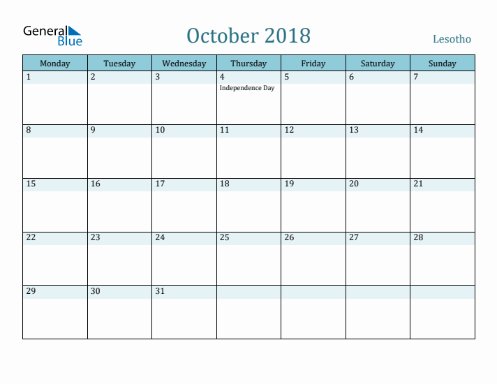 October 2018 Calendar with Holidays