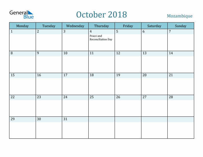 October 2018 Calendar with Holidays