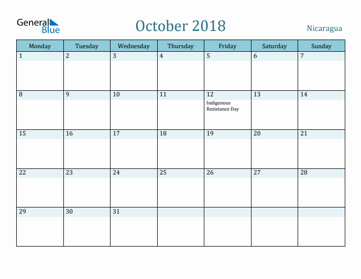 October 2018 Calendar with Holidays