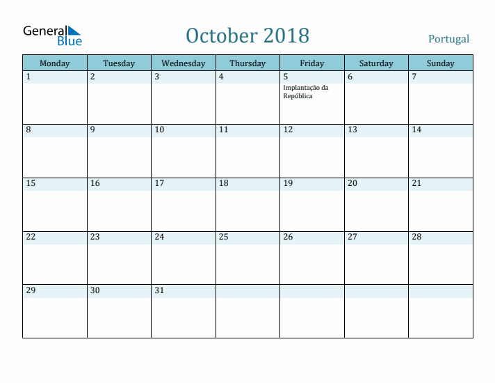 October 2018 Calendar with Holidays