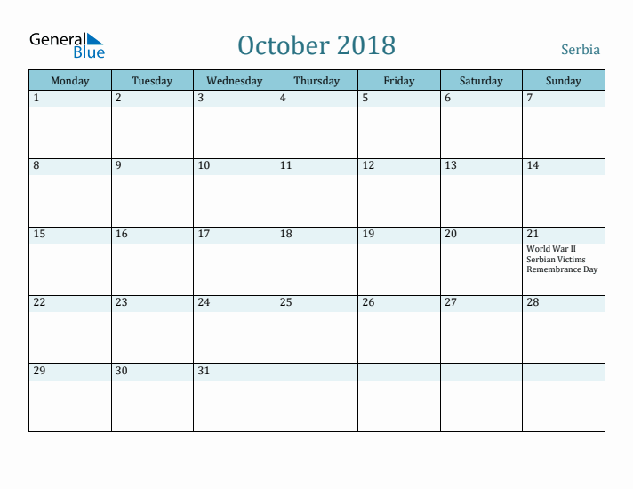 October 2018 Calendar with Holidays