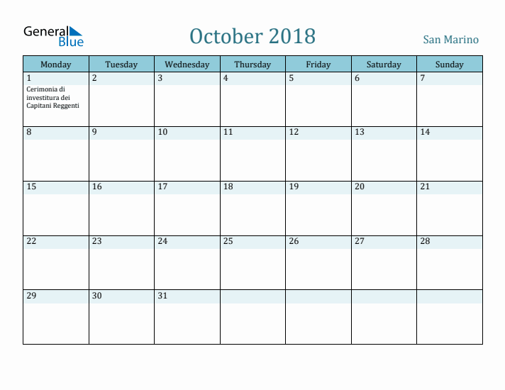 October 2018 Calendar with Holidays