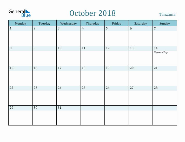 October 2018 Calendar with Holidays