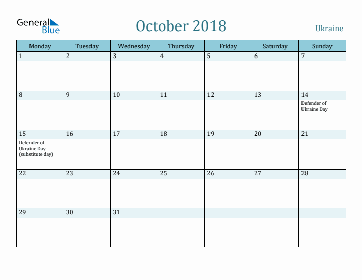 October 2018 Calendar with Holidays