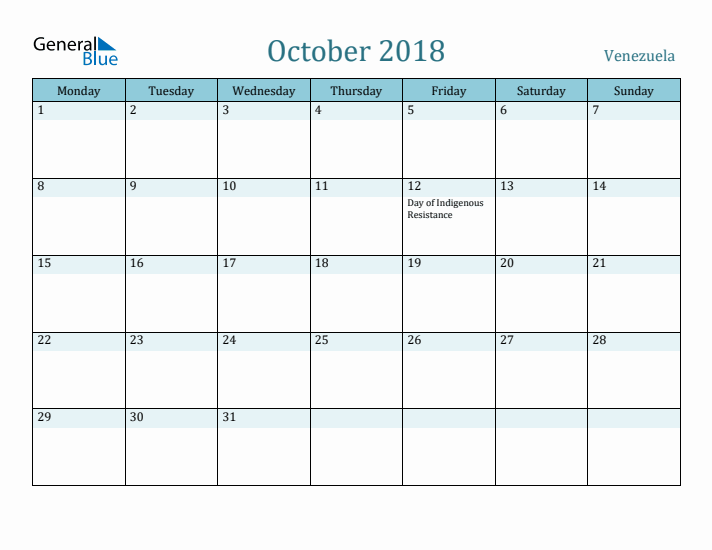 October 2018 Calendar with Holidays