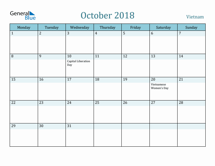 October 2018 Calendar with Holidays