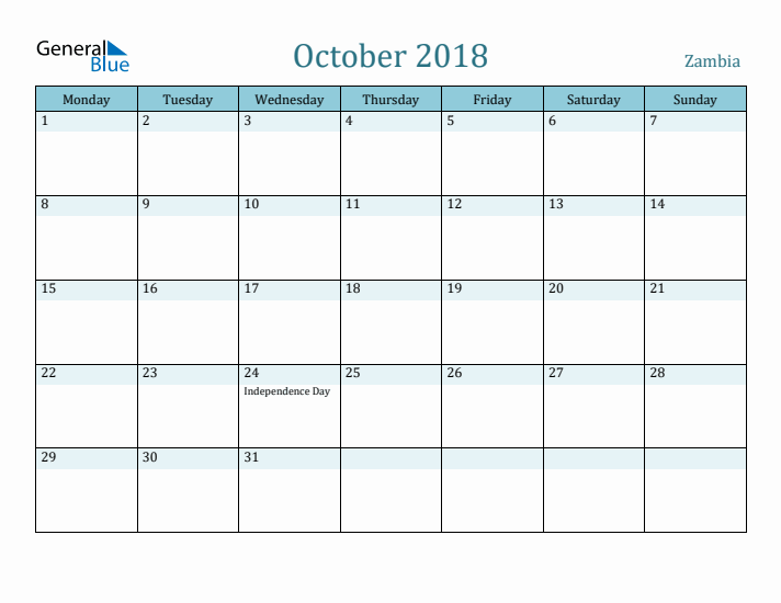 October 2018 Calendar with Holidays