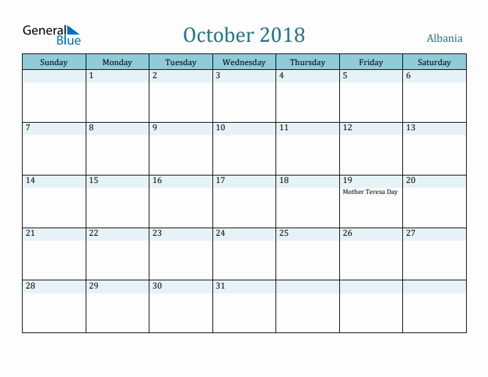 October 2018 Calendar with Holidays