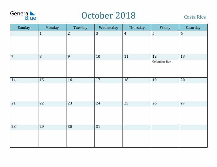 October 2018 Calendar with Holidays